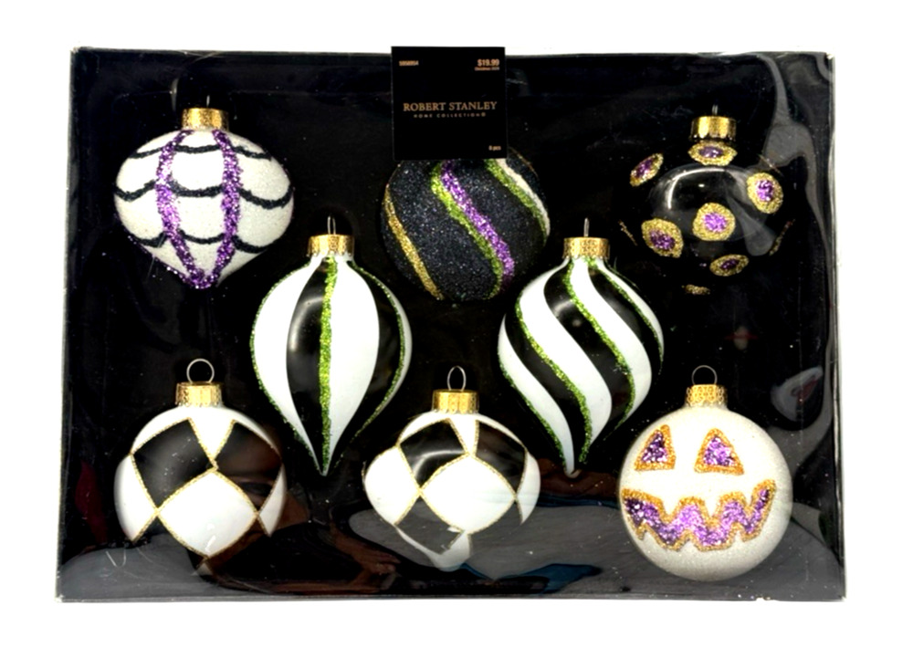 Robert Stanley 8pc Halloween Christmas Glass Glitter Ornaments BLK, WHT, PLE, GR